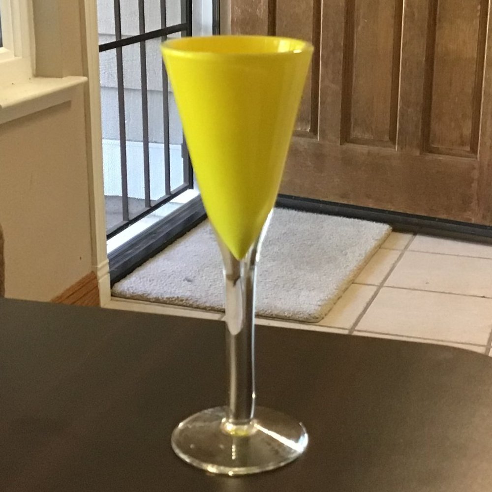 Vintage Glass Cordial, yellow cased glass with clear stem and base. Mint cond.